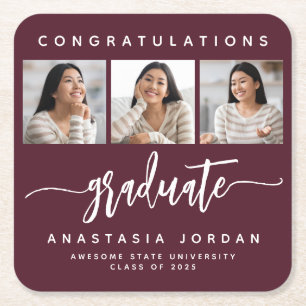 Posavasos Cuadrado De Papel 2026 3-Fotos Burdeos Felicitaciones Graduado