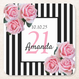Posavasos Cuadrado De Papel 21 años flores rosadas rayas blancas negras
