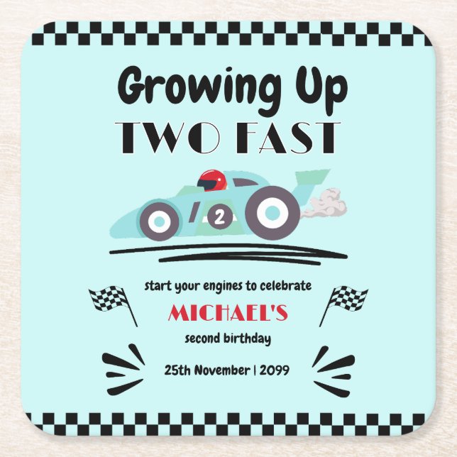 Posavasos Cuadrado De Papel 2.º Cumpleaños Creciendo Dos Carros Rápidos De Car (Anverso)