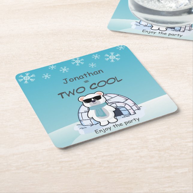 Posavasos Cuadrado De Papel 2nd Birthday Boy Two Cool Polar Bear Iglo   (En perspectiva)