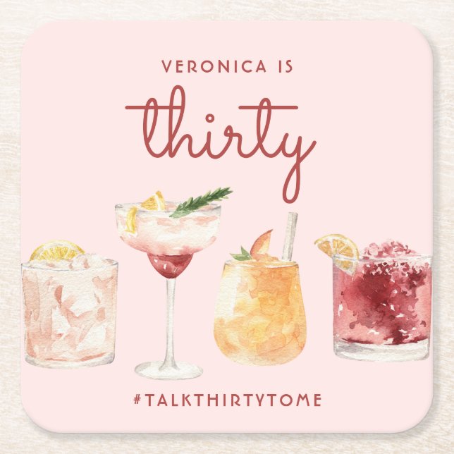 Posavasos Cuadrado De Papel 30.ª Cocktail acuático de cumpleaños (Anverso)