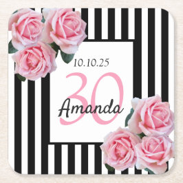 Posavasos Cuadrado De Papel 30 años flores rosadas rayas blancas negras
