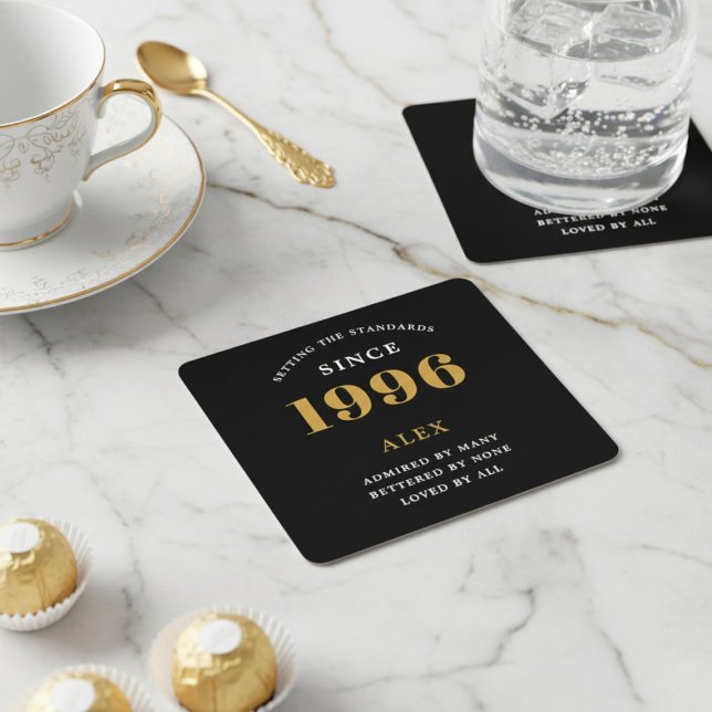 Posavasos Cuadrado De Papel 30th Birthday Name 1996 Year Black Gold Custom (1996 coaster on a white background)