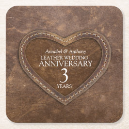 Posavasos Cuadrado De Papel 3.ᵉʳ Boda Aniversario Corazón de cuero marrón