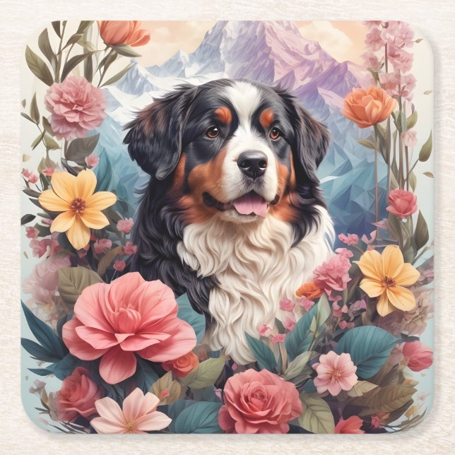 Posavasos Cuadrado De Papel 3.D Fantasía Floral Bernese Mountain Pájaros de ca (Anverso)