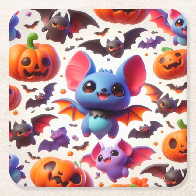 Posavasos Cuadrado De Papel 3D cute bats halloween (Anverso)