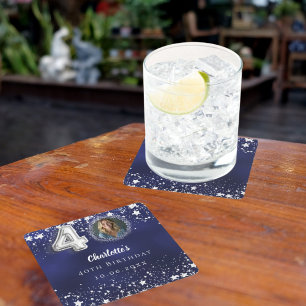 Posavasos Cuadrado De Papel 40.º cumpleaños estrellas de plata azul marino