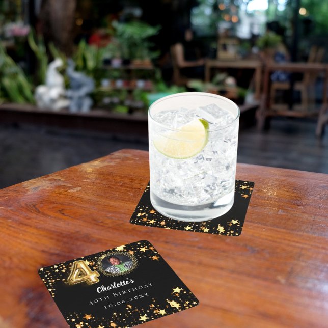 Posavasos Cuadrado De Papel 40.º cumpleaños foto de estrellas de oro negro (Subido por el creador)