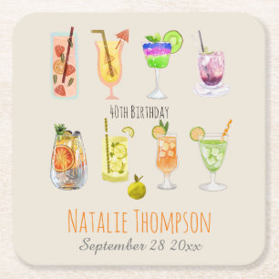 Posavasos Cuadrado De Papel 40.º fiesta de cumpleaños Hermoso cóctel acuático
