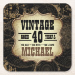 Posavasos Cuadrado De Papel 40.º Fiesta negro tema de la cosecha de cumpleaños<br><div class="desc">Vintage temática 40th Year Party tartamudos en beige y negro con un mapa mundial Perfecto para ese tipo especial en tu vida que cumple cuarenta años. Diseñado por la artista ©Susan Coffey.</div>