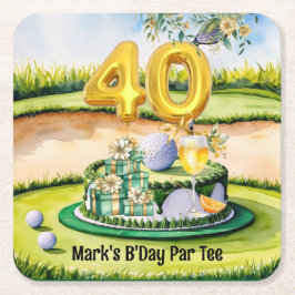 Posavasos Cuadrado De Papel 40 Aniversario del Golf con Pastel en Campo para G