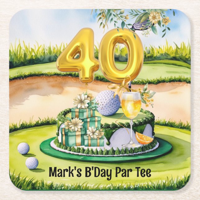 Posavasos Cuadrado De Papel 40 Aniversario del Golf con Pastel en Campo para G (Anverso)