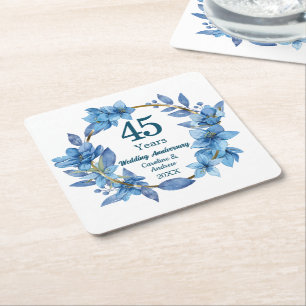 Posavasos Cuadrado De Papel 45º Aniversario de Boda Floral Azul Zafiro