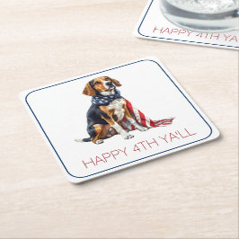 Posavasos Cuadrado De Papel 4 de julio Patriótico Hound Dog Personalizado