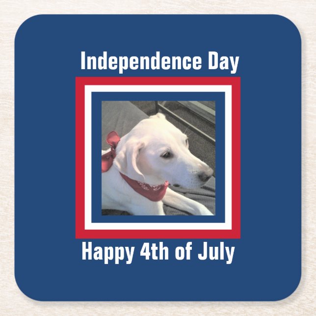 Posavasos Cuadrado De Papel 4 de julio Perro rojo, blanco, azul con bufanda (Anverso)