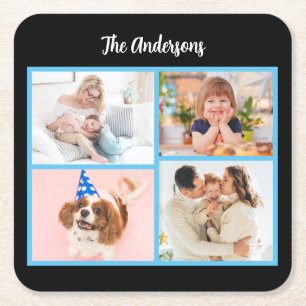 Posavasos Cuadrado De Papel 4 fotos de familia y nombre en borde negro y azul