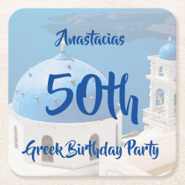 Posavasos Cuadrado De Papel 50.ª fiesta de cumpleaños griega personalizada