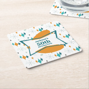 Posavasos Cuadrado De Papel 50.ª Fiesta de Cumpleaños Retro Mid Century Cualqu