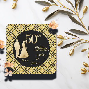 Posavasos Cuadrado De Papel 50.ª Purpurina del Aniversario de la Pareja de Oro