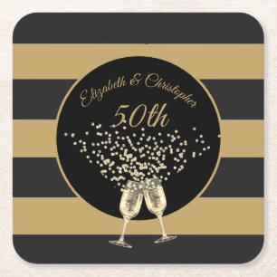 Posavasos Cuadrado De Papel 50.º Boda Aniversario Oro Huelga Negra Elegante