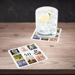 Posavasos Cuadrado De Papel 50.º collage de fotos de la fiesta de cumpleaños<br><div class="desc">Una montaña rusa para una fiesta de cumpleaños número 50 para un hombre,  celebrando su vida con un collage de 8 de sus propias fotos. Plantillas para los 50 años y una fecha. Fecha de nacimiento o fecha del fiesta. Letras de color negro. Fondo blanco.</div>