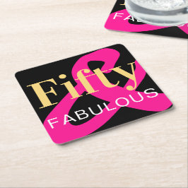 Posavasos Cuadrado De Papel 50.º cumpleaños 50 y fabuloso rosado de oro negro