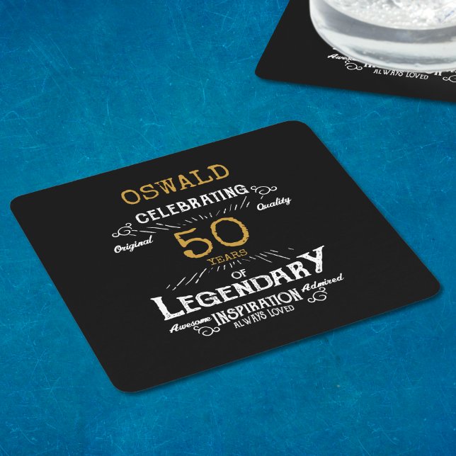 Posavasos Cuadrado De Papel 50.º cumpleaños Black Gold Legendario Retro (A personalized elegant 50th birthday paper coaster that is easy to customize)