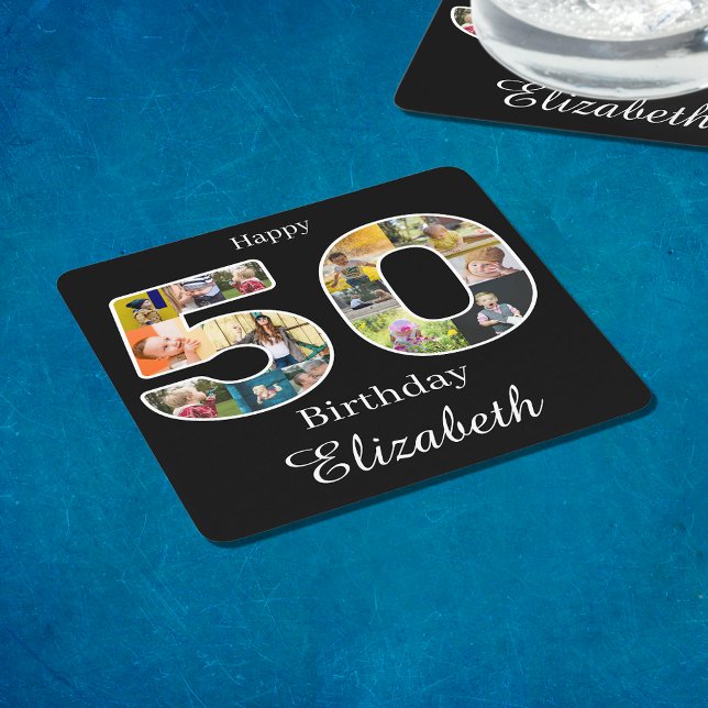 Posavasos Cuadrado De Papel 50.º Cumpleaños Crea tu propia foto múltiple (Personalized 50th birthday party drinks coasters with photo collage.)