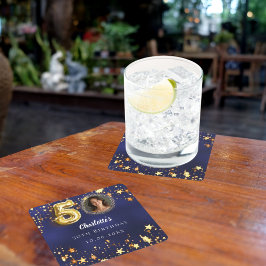 Posavasos Cuadrado De Papel 50.º cumpleaños estrellas de oro azul marino