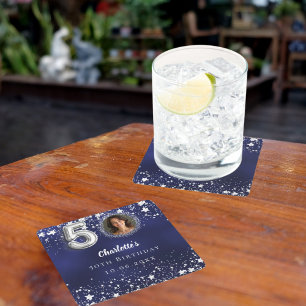 Posavasos Cuadrado De Papel 50.º cumpleaños estrellas de plata azul marino