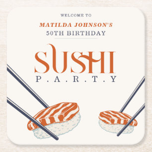 Posavasos Cuadrado De Papel 50.º cumpleaños Fiesta sushi simple retro