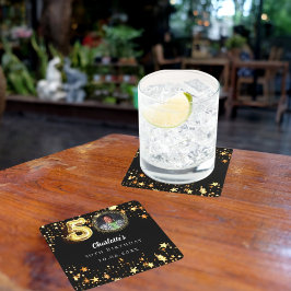 Posavasos Cuadrado De Papel 50.º cumpleaños foto de estrellas de oro negro