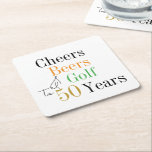 Posavasos Cuadrado De Papel 50.º Fiesta de golf de Birthday Cheers and Beers<br><div class="desc">Este es un diseño de fiesta de golf moderno y fresco, que cumple 50 años. Se trata de un diseño sencillo y mínimo, en blanco y negro clásico con brotes de tipografía naranja, verde y dorada. Perfecto para una fiesta de 50 años, con temática de golf y cerveza. Este diseño...</div>