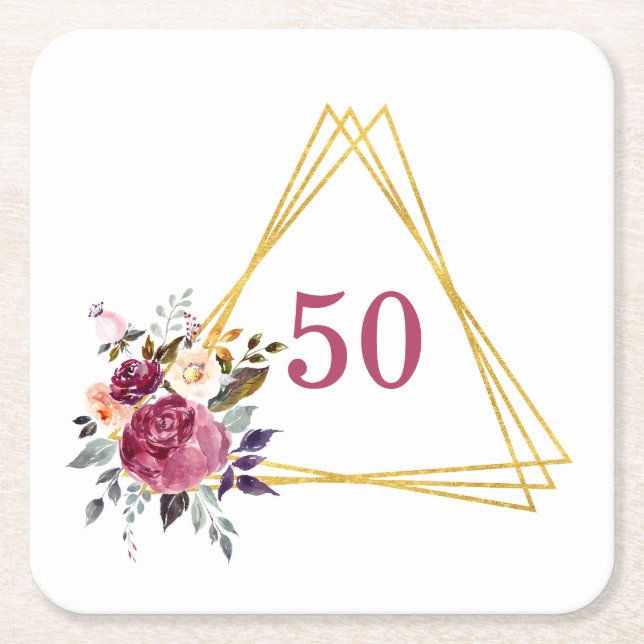 Posavasos Cuadrado De Papel 50.º Triángulo de Oro Geométrico Floral Boho (Anverso)