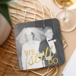 Posavasos Cuadrado De Papel 50° Aniversario Boda Foto personalizada Dorada