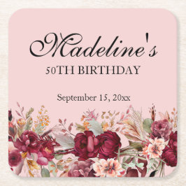 Posavasos Cuadrado De Papel 50 Aniversario de la Fiesta Floral de Borgoña Rosa