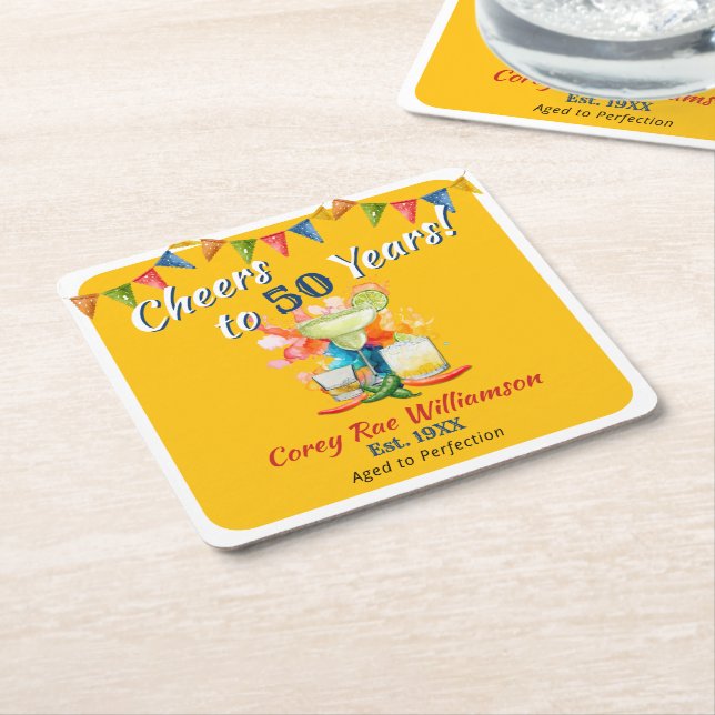 Posavasos Cuadrado De Papel 50 años de Fiesta Mexicana Saluda a 50 años (En perspectiva)