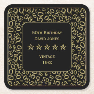 Posavasos Cuadrado De Papel 50.o Oro de la fiesta de cumpleaños/modelo negro