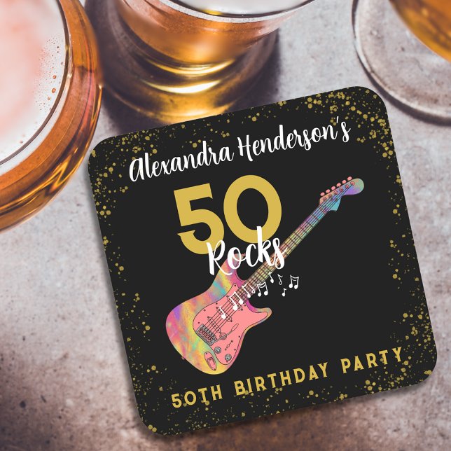 Posavasos Cuadrado De Papel 50 Rocks Oro Negro Rosado 50 cumpleaños (50 Rocks cool pink black and gold rock and roll 50th birthday party custom paper coaster)