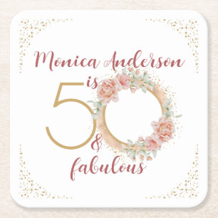 Posavasos Cuadrado De Papel 50 y Fabuloso Cumpleaños Foto Floral Rosa Dorado