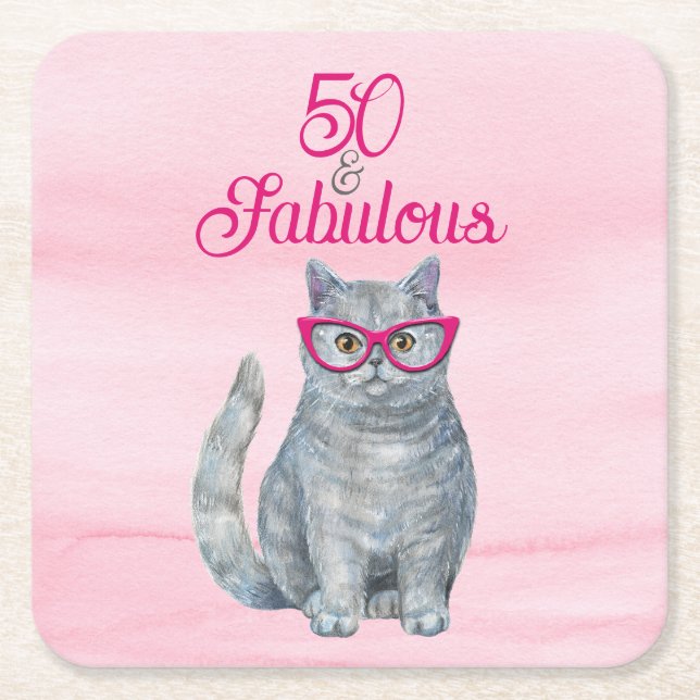 Posavasos Cuadrado De Papel 50 y fabuloso gato, rosa y gris, cumpleaños 50 (Anverso)