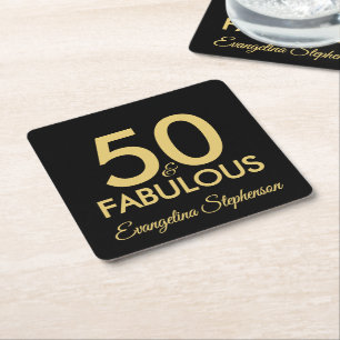 Posavasos Cuadrado De Papel 50 y fabuloso Moderno Negro Cumpleaños 50 Dorado