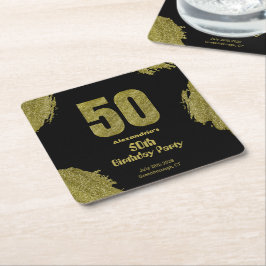 Posavasos Cuadrado De Papel 50th birthday black gold glitter party
