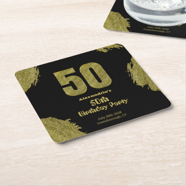 Posavasos Cuadrado De Papel 50th birthday black gold glitter party (En perspectiva)