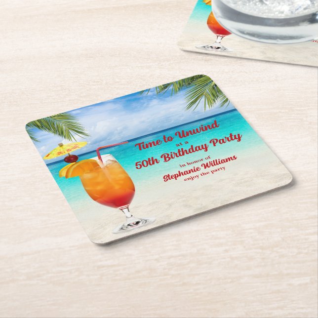 Posavasos Cuadrado De Papel 50th Birthday Summer Cocktail Beach Party (En perspectiva)