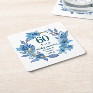 Posavasos Cuadrado De Papel 60º Aniversario de Boda Floral Diamante Azul