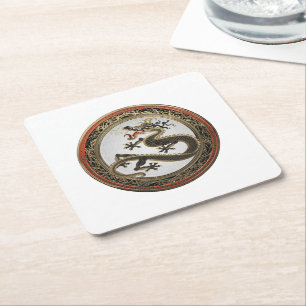 Posavasos Cuadrado De Papel [600] Dragón oriental sagrado de oro y negro