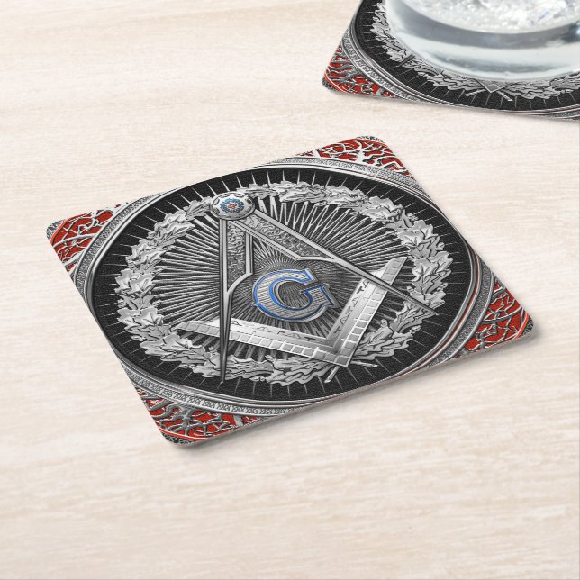 Posavasos Cuadrado De Papel [600] Master Mason - Silver Square & Compass (En perspectiva)