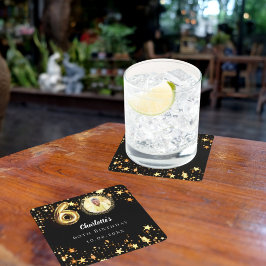 Posavasos Cuadrado De Papel 60.º cumpleaños foto de estrellas de oro negro