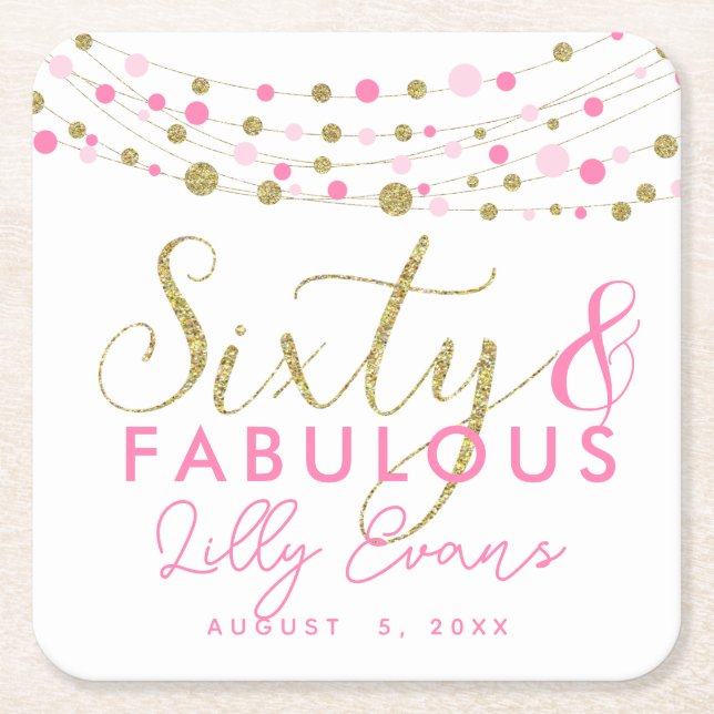 Posavasos Cuadrado De Papel 60 años de oro y gallos rosados personalizados (Anverso)